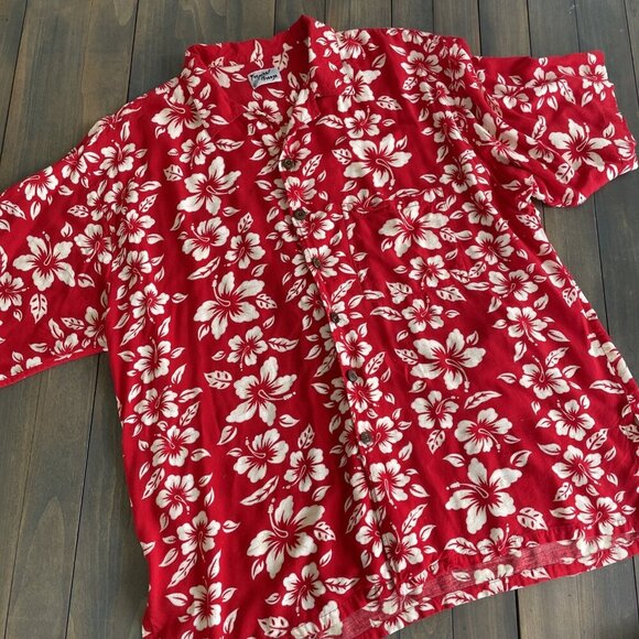 Vintage Tropical Breeze California Cotton Hawaiian Shirt Red Floral Mens XL (L8) - Picture 1 of 7